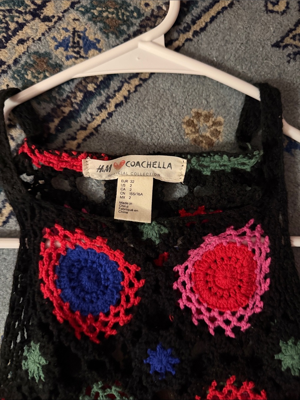 Black Crochet Sweater Dress with Multicolor Motifs